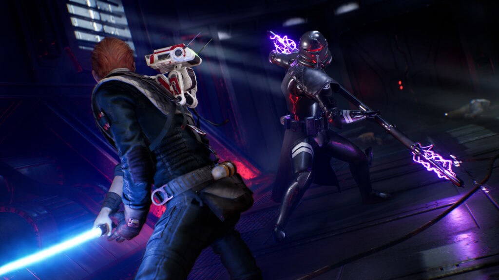 Cal Kestis versus a purge trooper in Star Wars Jedi: Fallen Order.