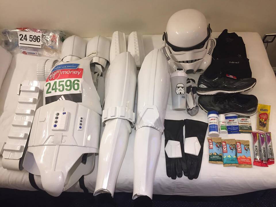 Runner Jez Allinson's stormtrooper costume and supplies for his charity run.