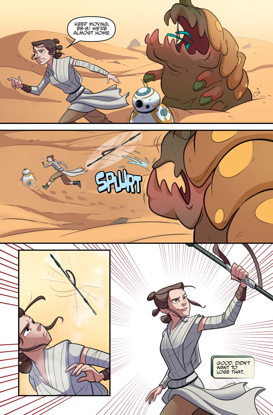 Rey and BB-8 run from a nightwatcher worm in the Jakku desert in a page from the comic book Star Wars Forces of Destiny: Rey.