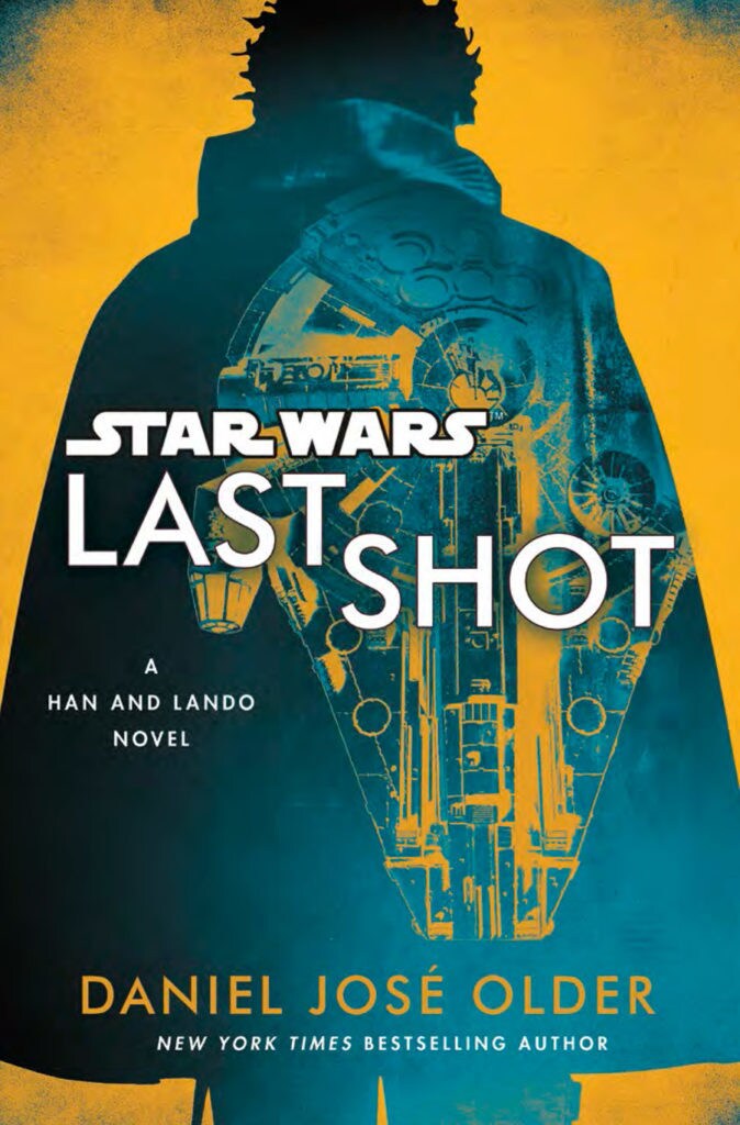 The cover for the Star Wars Last Shot novel features the silhouette of Lando Calrissian and the Millennium Falcon.