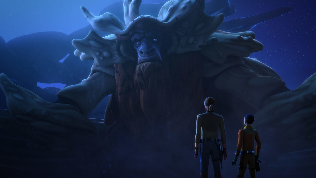 Kanan and Ezra approach the Bendu in Star Wars Rebels.