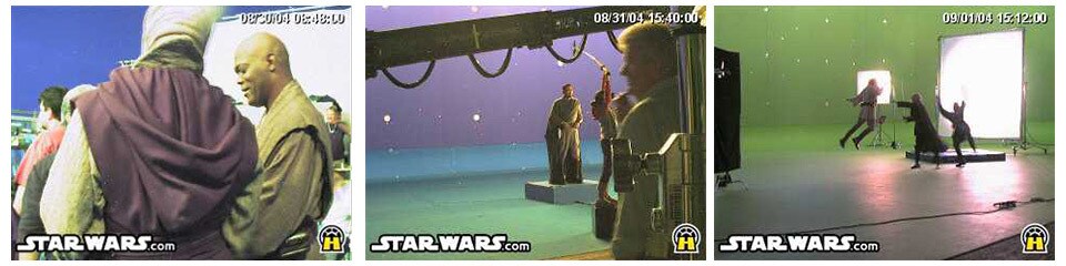 Three panels show behind-the-scenes stills from Star Wars: Revenge of the Sith. On the left, actor Samuel L. Jackson prepares for his role as Mace Windu. In the middle and right panels, actors film action scenes in front of a large green screen.