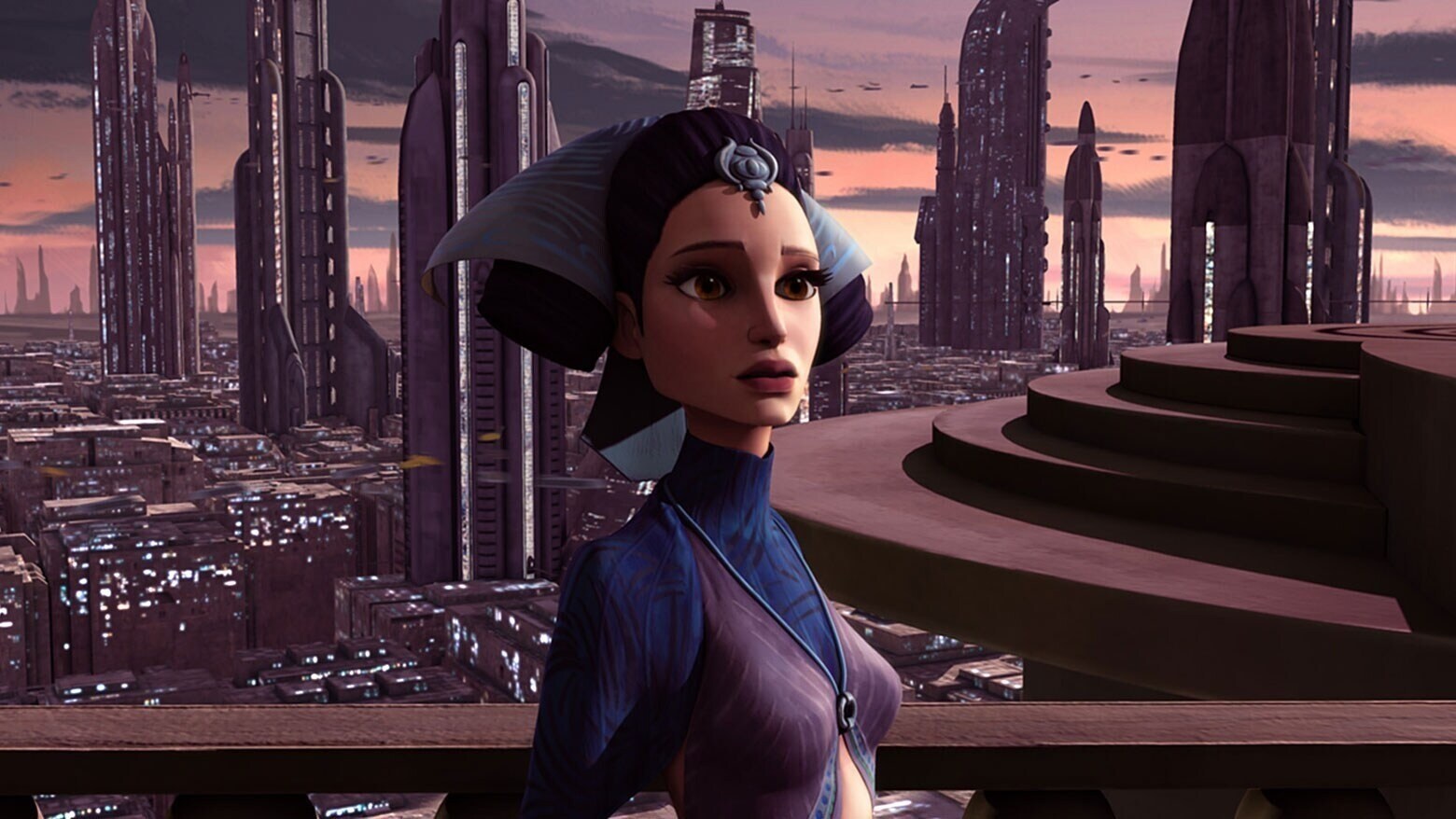 Padmé standing on a balcony in Coruscant on The Clone Wars