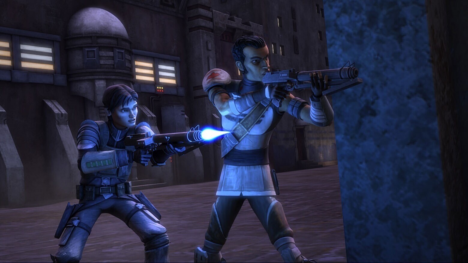Lux and Saw aiming blasters in The Clone Wars