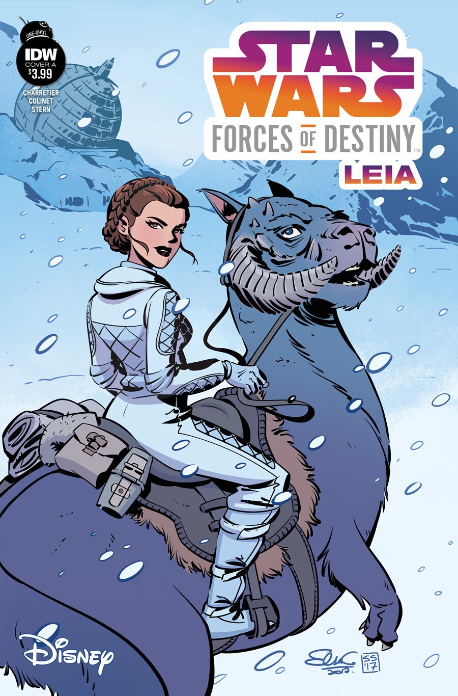Princess Leia rides a tauntaun on the cover of the Star Wars Forces of Destiny: Leia comic book.