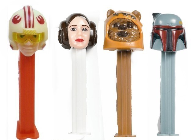 Rebel Pilot Luke, Princess Leia, Wicket, and Boba Fett Star Wars Pez dispensers.