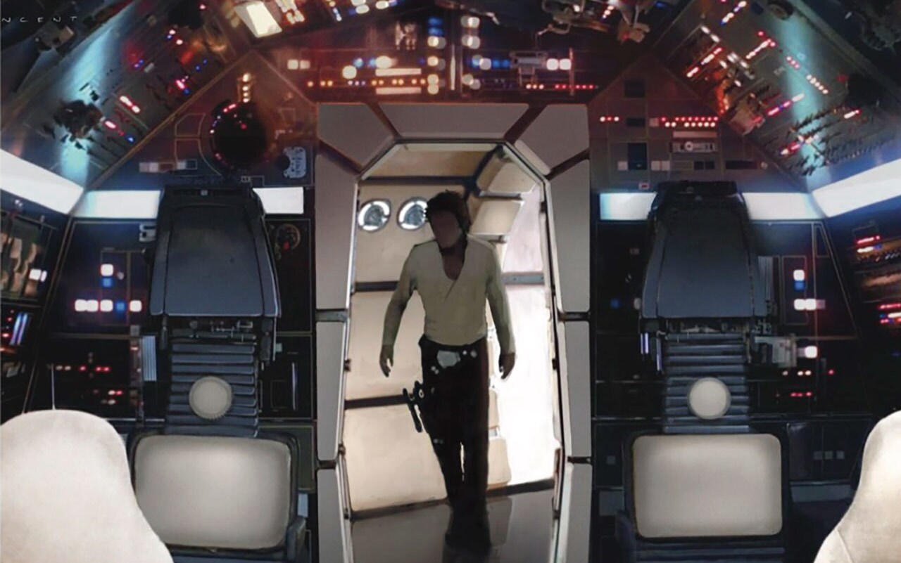 Concept art of Han walking into the Millennium Falcon cockpit.