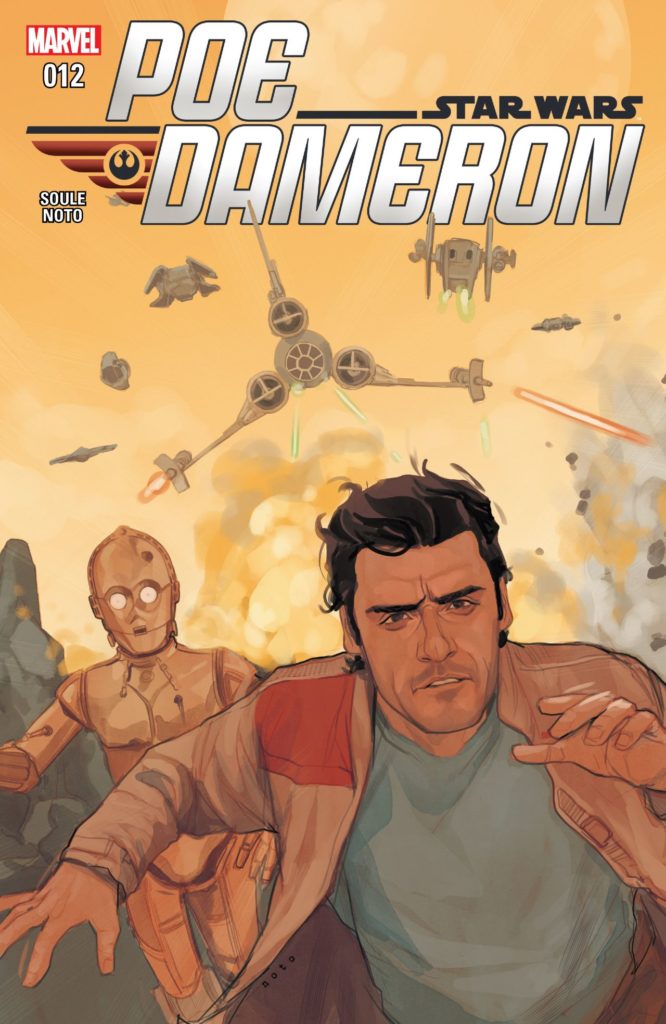 Poe Dameron and C-3PO run from enemy fire in issue 12 of the Star Wars: Poe Dameron comic.