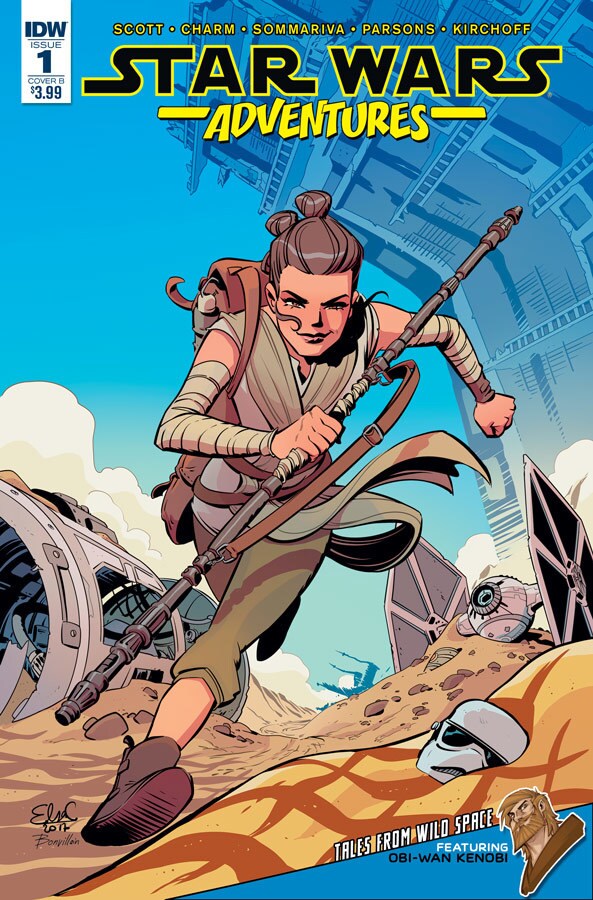 The first issue cover of the Star Wars Adventures comic book features Rey running on Jakku.