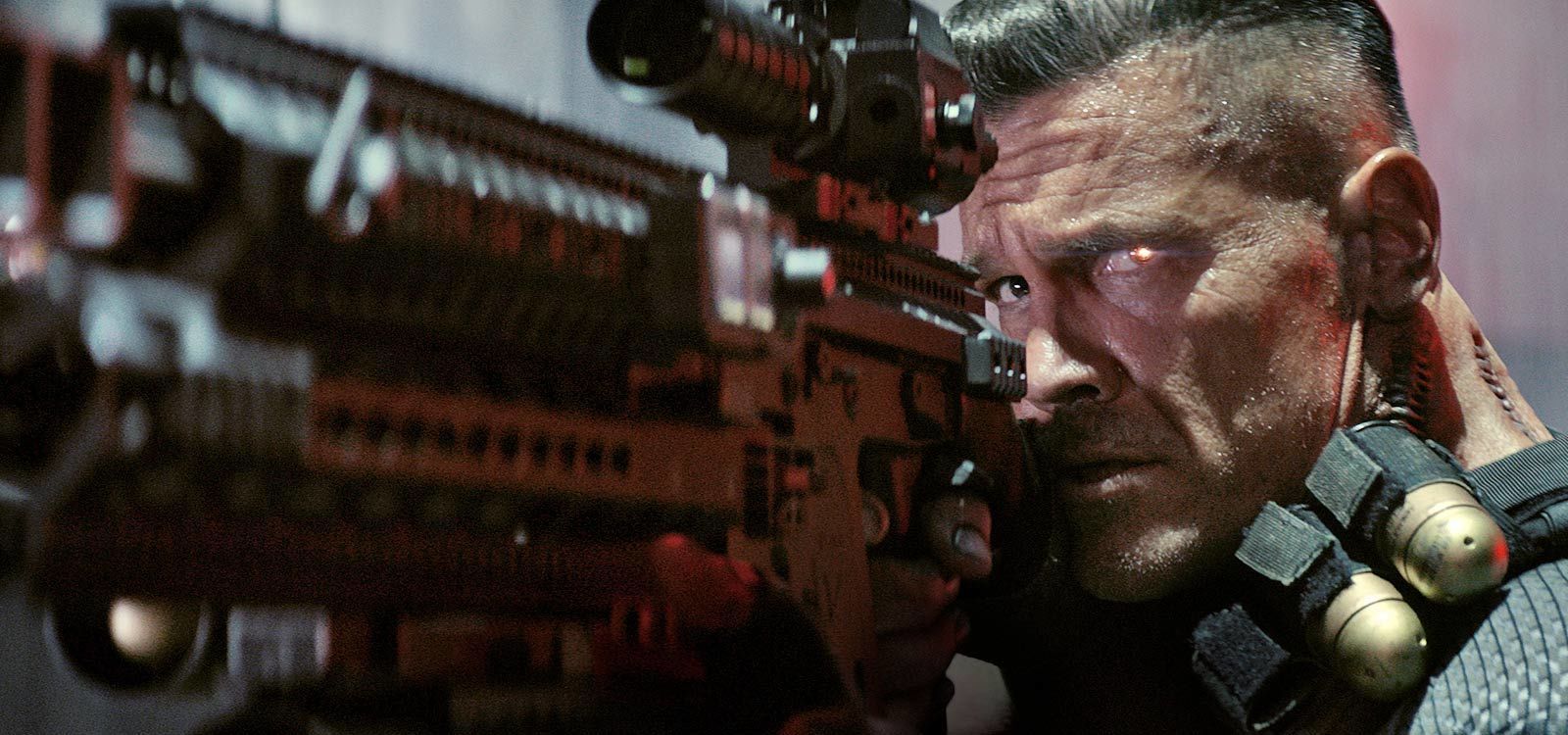 Actor Josh Brolin (as Cable) aiming a gun in the film "Deadpool 2"