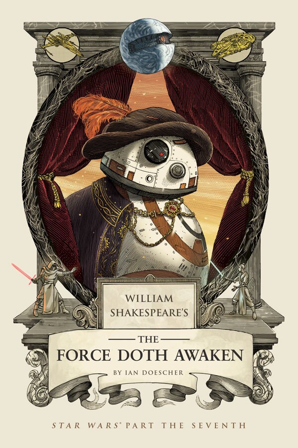 The cover of the book William Shakespeare's The Force Doth Awaken: Star Wars Part the Seventh, by Ian Doescher, features BB-8 in Elizabethan era garb.