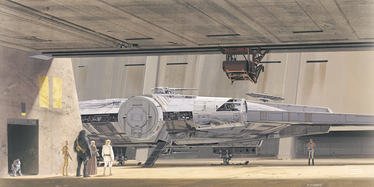 Early Ralph McQuarrie concept art for the Millennium Falcon from Star Wars: A New Hope.