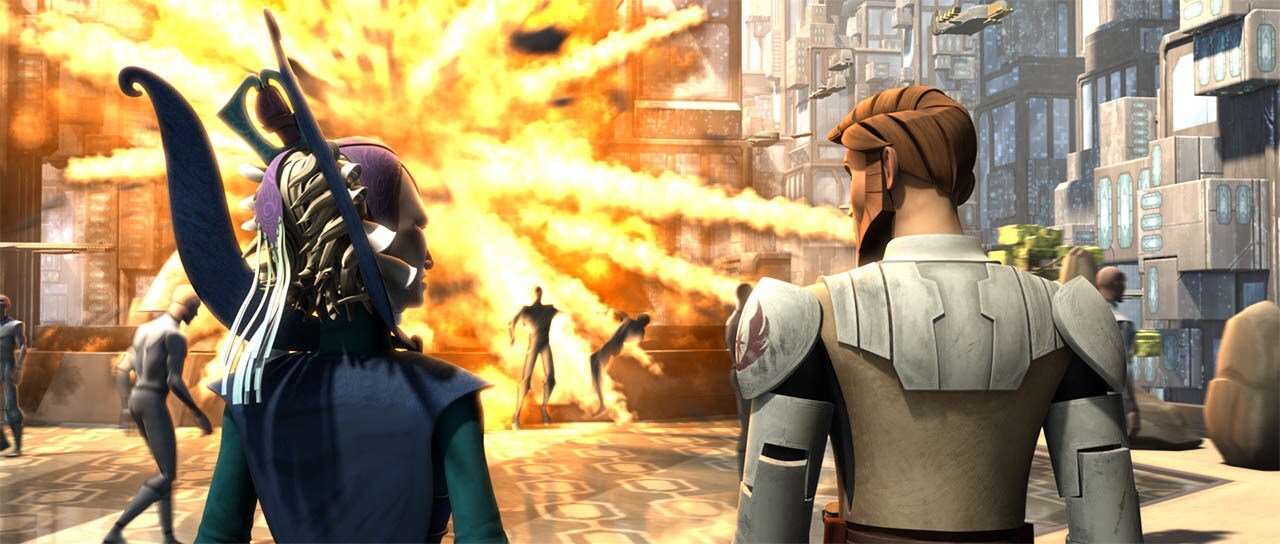Obi-Wan and Duchess Satine stand side-by-side facing an explosion in The Clone Wars.