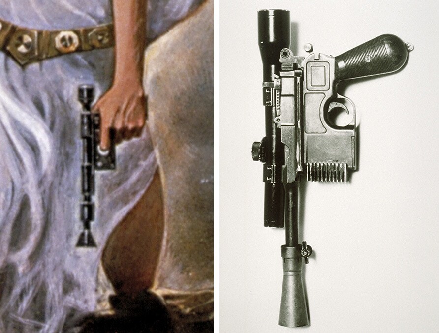 On the left, a section of the original poster for A New Hope, highlighting the blaster in Leia's hand that appears to be similar to the DL-44 blaster that Han uses. On the right, a photo of the defender sporting blaster she actually uses in the movie.