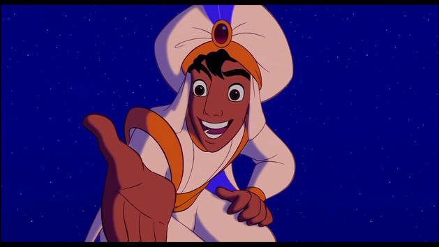 Aladdin offering his hand to Jasmine