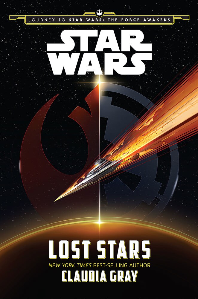 The book cover for Star Wars: Lost Stars by Claudia Gray, featuring the Inflictor hurtling through space in front of the Rebel and Imperial symbols.