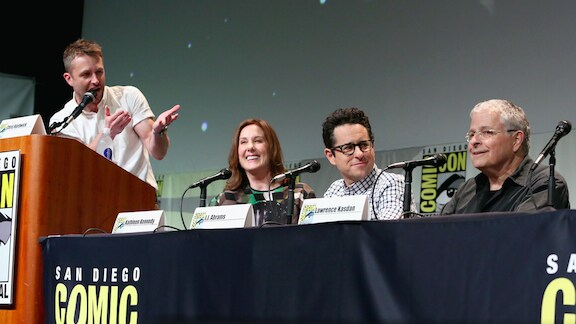 Kathleen Kennedy, J.J. Abrams, and Lawrence Kasdan at San Diego Comic-Con 2015