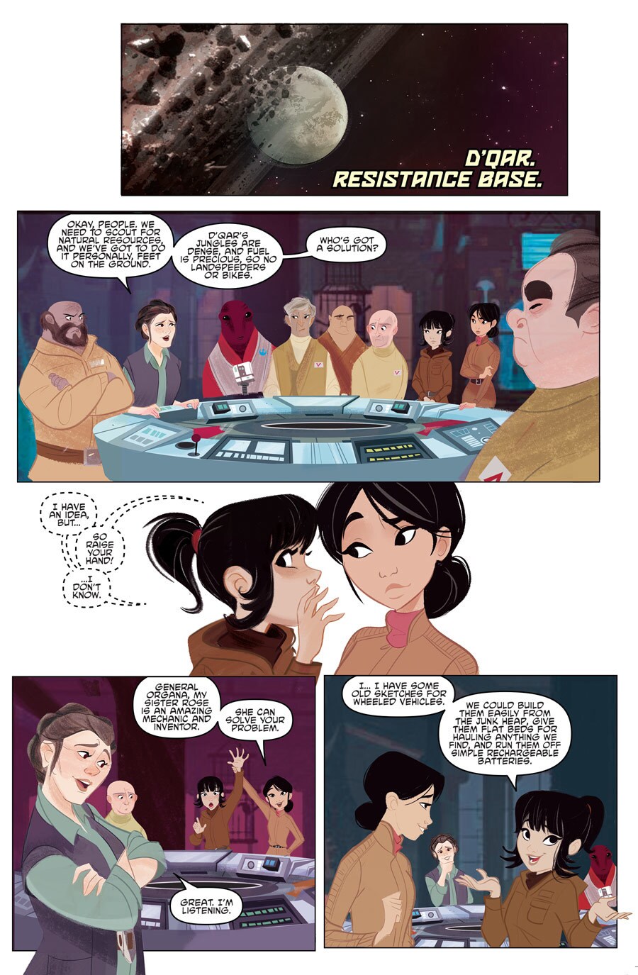 In panels from the comic book Star Wars Forces of Destiny: Rose & Paige, Rose offers a solution to General Organa's dilemma with scouting for natural resources.
