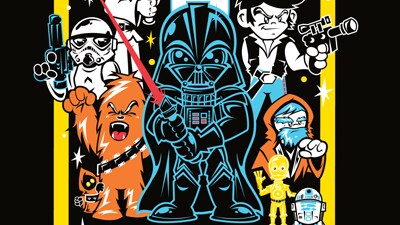 A blue-outlined Darth Vader, a roaring Chewbacca, Han Solo holding a blaster, C-3PO, and R2-D2 in cartoon form.
