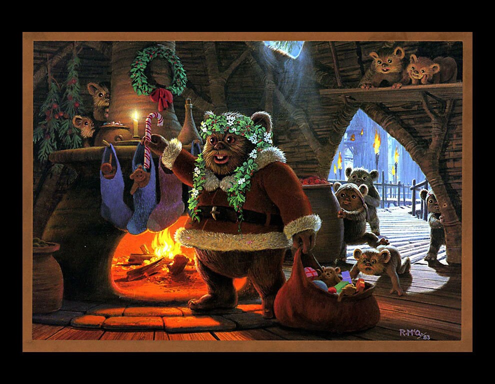 A large Ewok, dressed as Santa, places a candy cane in a stocking, which hangs in front of a lit fireplace, while smaller Ewoks look on from hiding places. The image is from a Star Wars holiday card with artwork by studio artist Ralph McQuarrie.