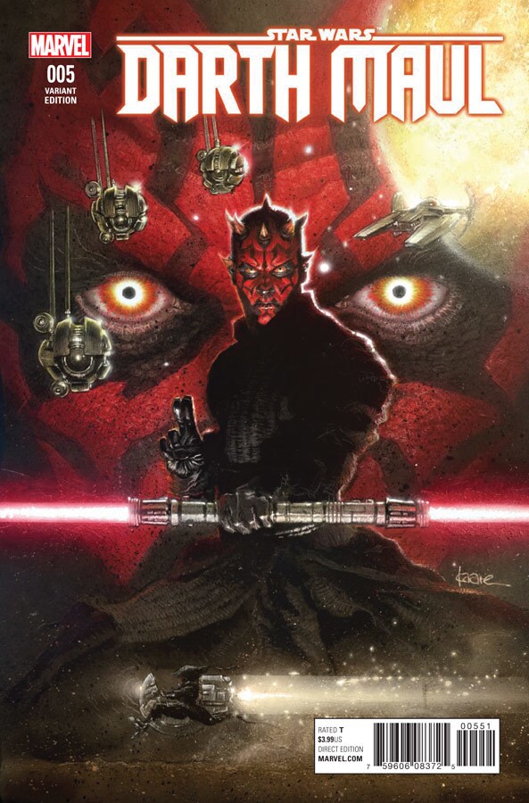 The cover of issue 5 of the Darth Maul comic book features Darth Maul wielding his double bladed lightsaber.