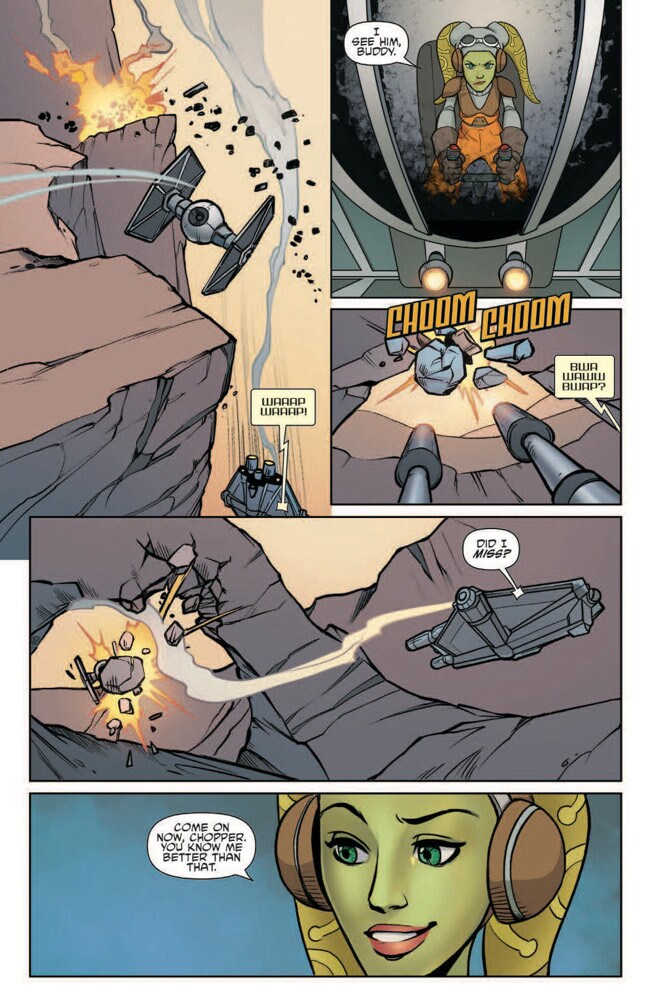 In a series of panels from the comic book Star Wars Forces of Destiny: Hera, Hera Syndulla shoots down a TIE fighter while talking to Chopper.