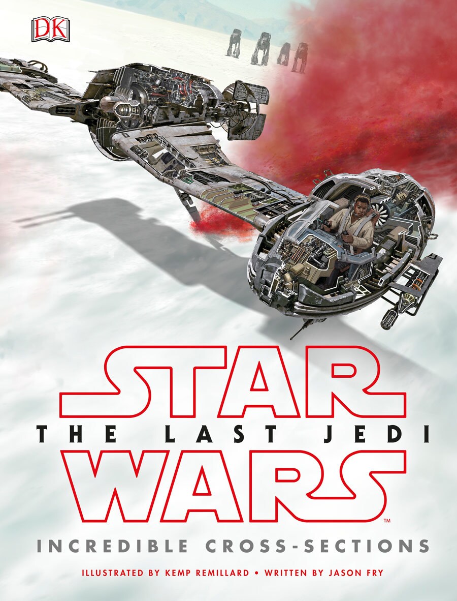 The book cover of Star Wars: The Last Jedi - Incredible Cross-Sections, written by Jason Fry and illustrated by Kemp Remillard. Red mist trails a ski speeder piloted by Finn during the Battle of Crait.