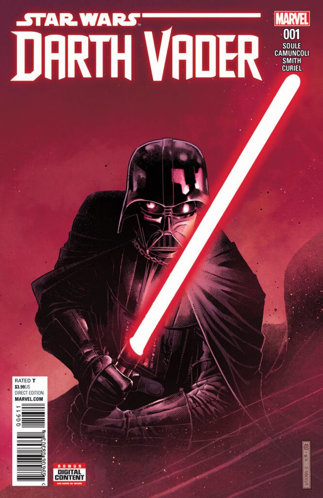 Darth Vader brandishes his lightsaber on the cover of his self-titled comic book.