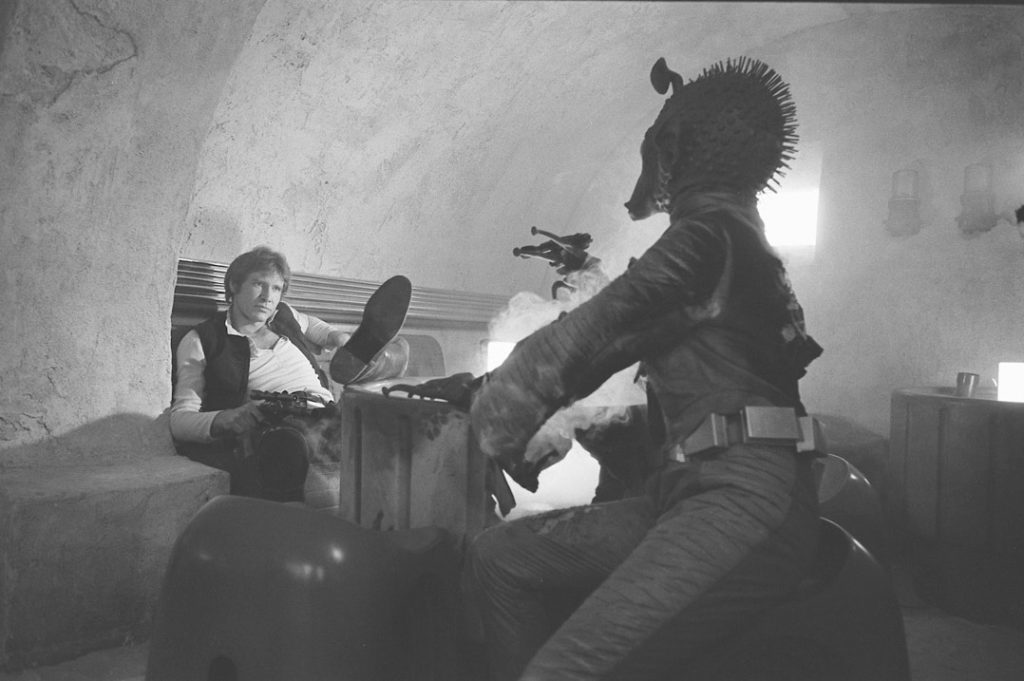 Who will shoot first? Han and Greedo in the cantina.