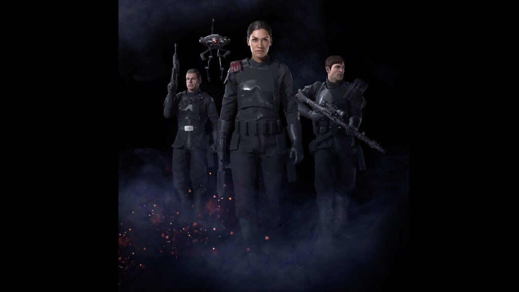 Hask, Iden, and Del with an ID10 Seeker Droid in a black, smoky room.
