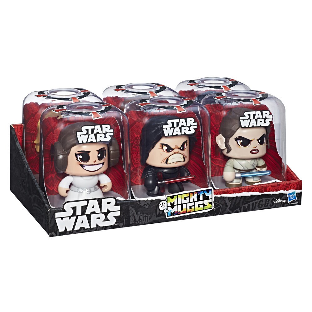 A Star Wars Mighty Muggs display features Princess Leia, Kylo Ren, and Rey collectible figures.