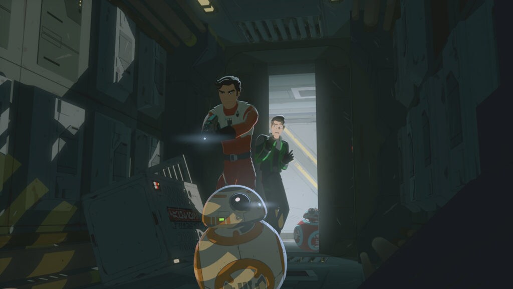 Poe and Kaz in a derelict freighter in Star Wars Resistance.
