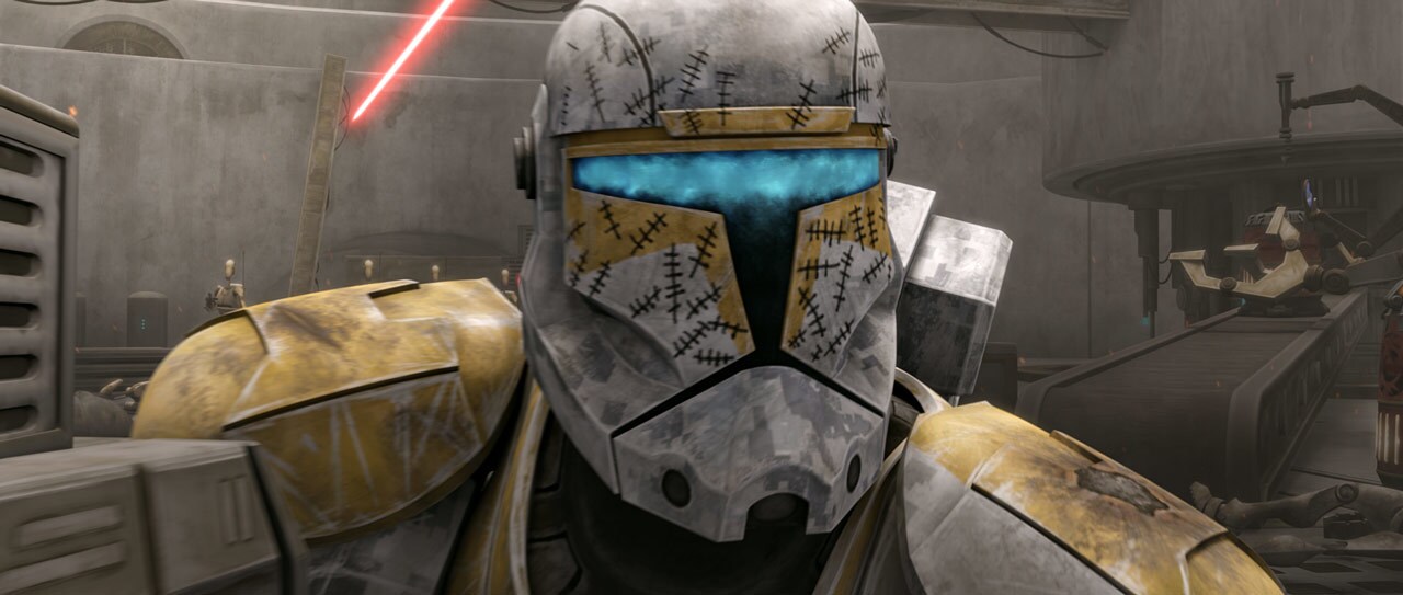 Star Wars Republic Clone Commando Gregor wears a helmet featuring stitch-like hash marks inspired by the hockey mask worn by Boston Bruins goaltender Gerry Cheevers.