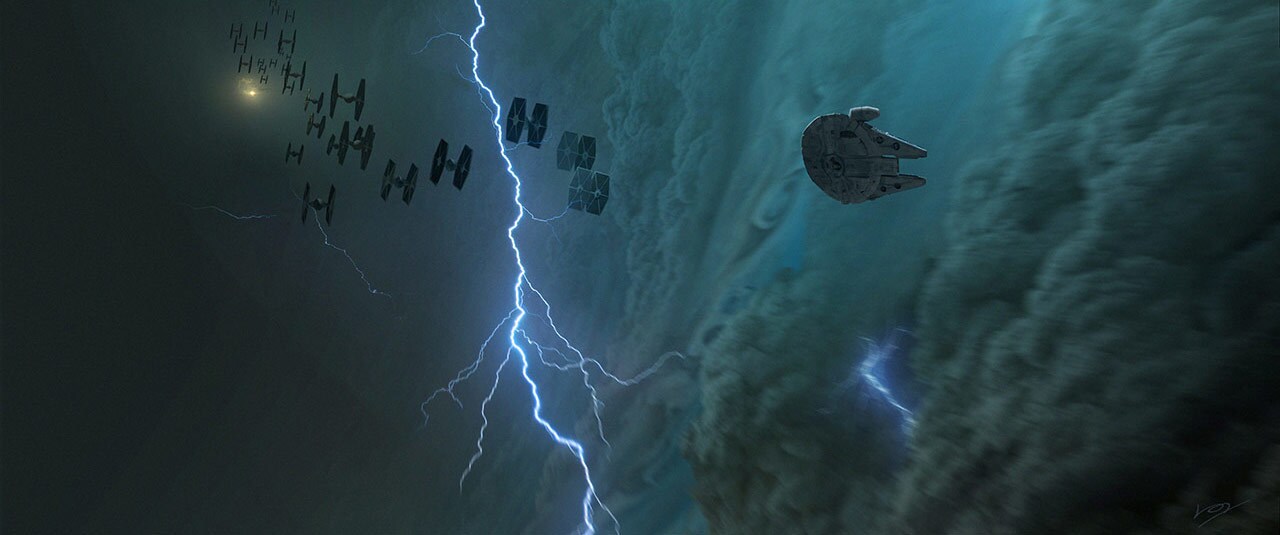 Concept art for the Kessel Run. The Millennium Falcon flies above the clouds towards lightening and TIE fighters.
