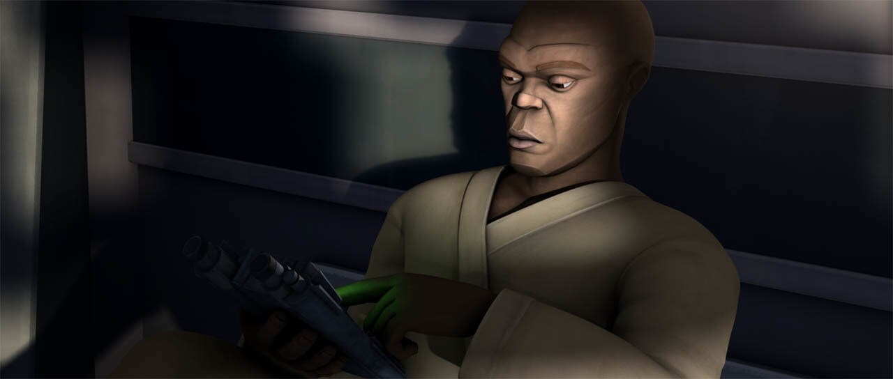 Mace Windu plays with a device he is holding in The Clone Wars.