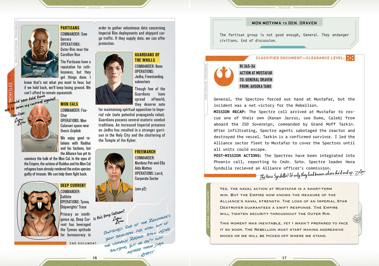 Pages from the book Star Wars: The Rebel Files, by Daniel Wallace, show character profiles with coordinating photos on the left and a classified document, memo, and journal entry on the right.