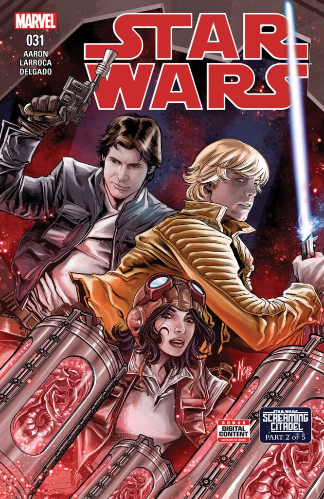 Han, Luke, and Dr. Aphra appear on the cover of an issue of Marvel's Screaming Citadel comic book series.