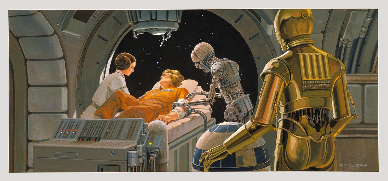 Princess Leia and the injured Luke Skywalker with a medical droid and C-3PO aboard the Medical Frigate.