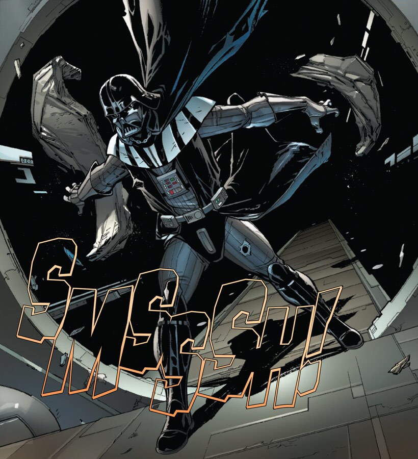Darth Vader braces himself as a window behind him is blown out in an image from Marvel's Star Wars comic book series Darth Vader, by writer Charles Soule and artist Giuseppe Camuncoli.