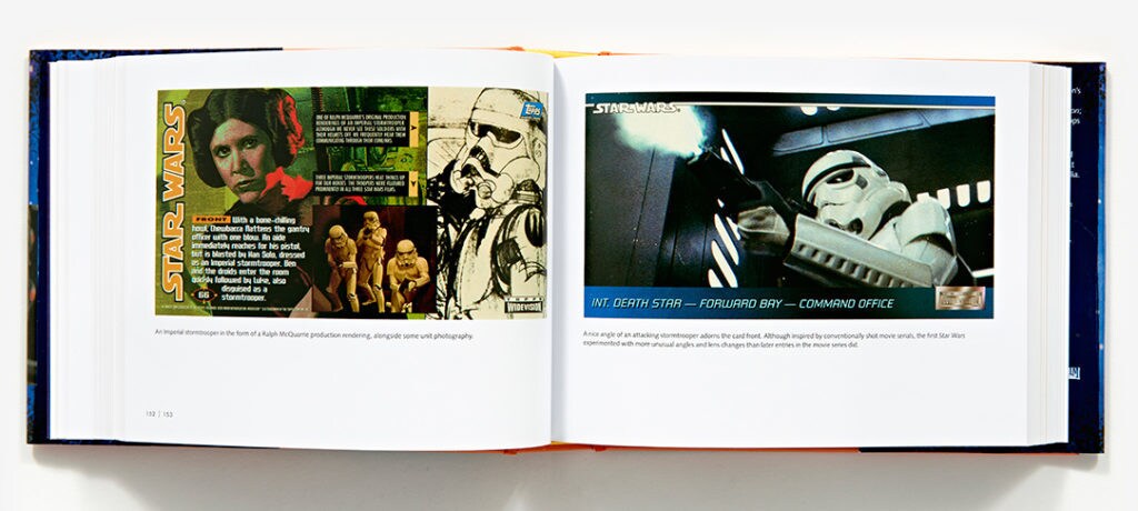 Princess Leia, artist renderings, and production stills of stormtroopers featured in a two-page spread of the book Star Wars Widevision: The Original Topps Trading Card Series, Volume One.