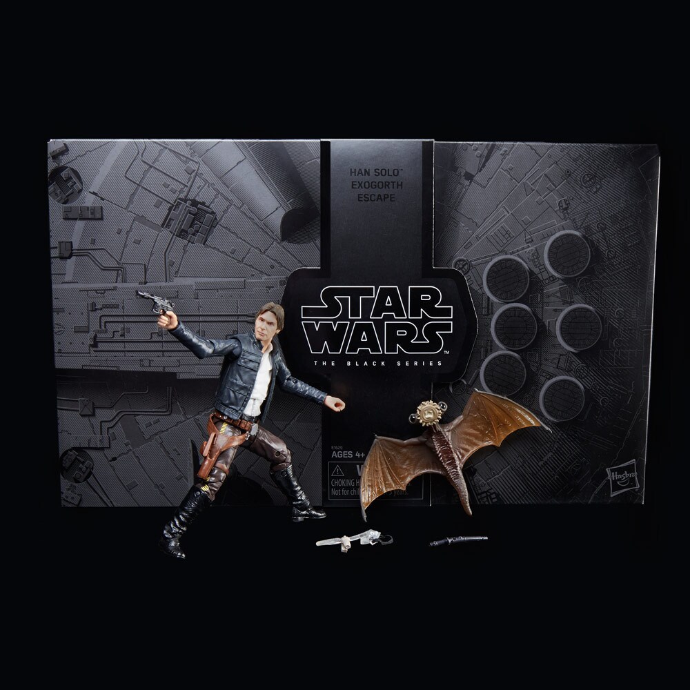 A Han Solo action figure dressed in his Star Wars: The Empire Strikes Back outfit, which also includes a mynock. The packaging for this set appropriately features the Millennium Falcon.
