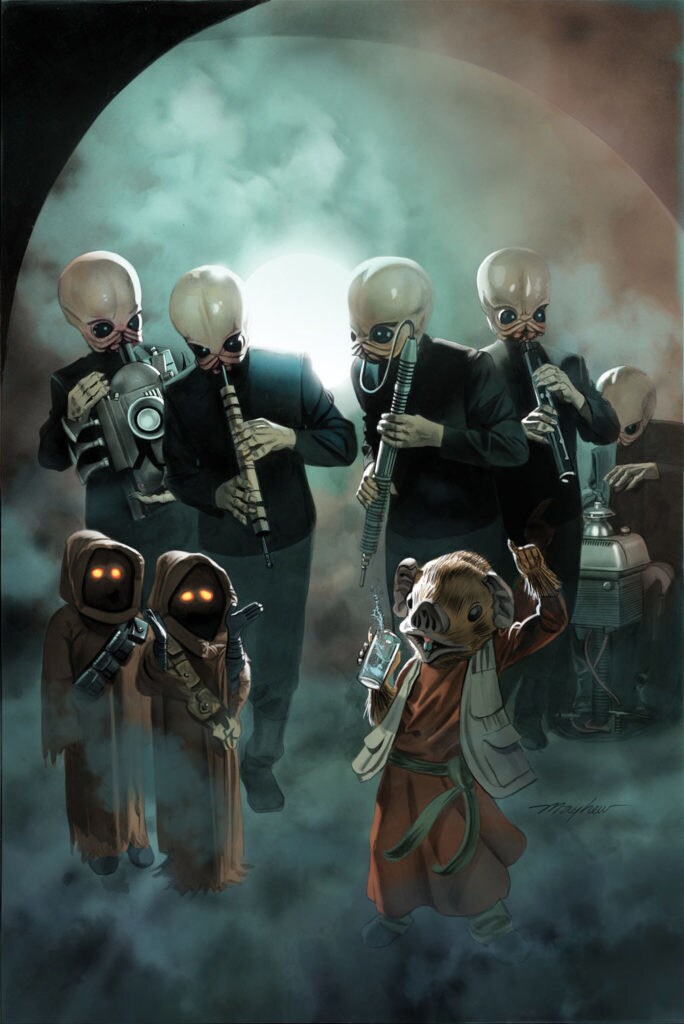 The Marvel Star Wars 40th Anniversary Variant Cover artwork features a scene of the original Cantina alien band performing from Star Wars: A New Hope, as depicted by artist Mike Mayhew.