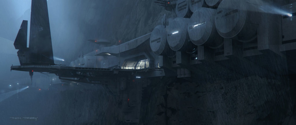 Concept art of the mountain based entrance to the Imperial base on Eadu from Rogue One: A Star Wars Story