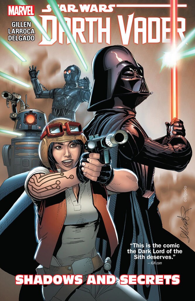 The cover of the comic book Star Wars: Darth Vader: Shadows and Secrets features Darth Vader, Aphra, 0-0-0, and BT-1.