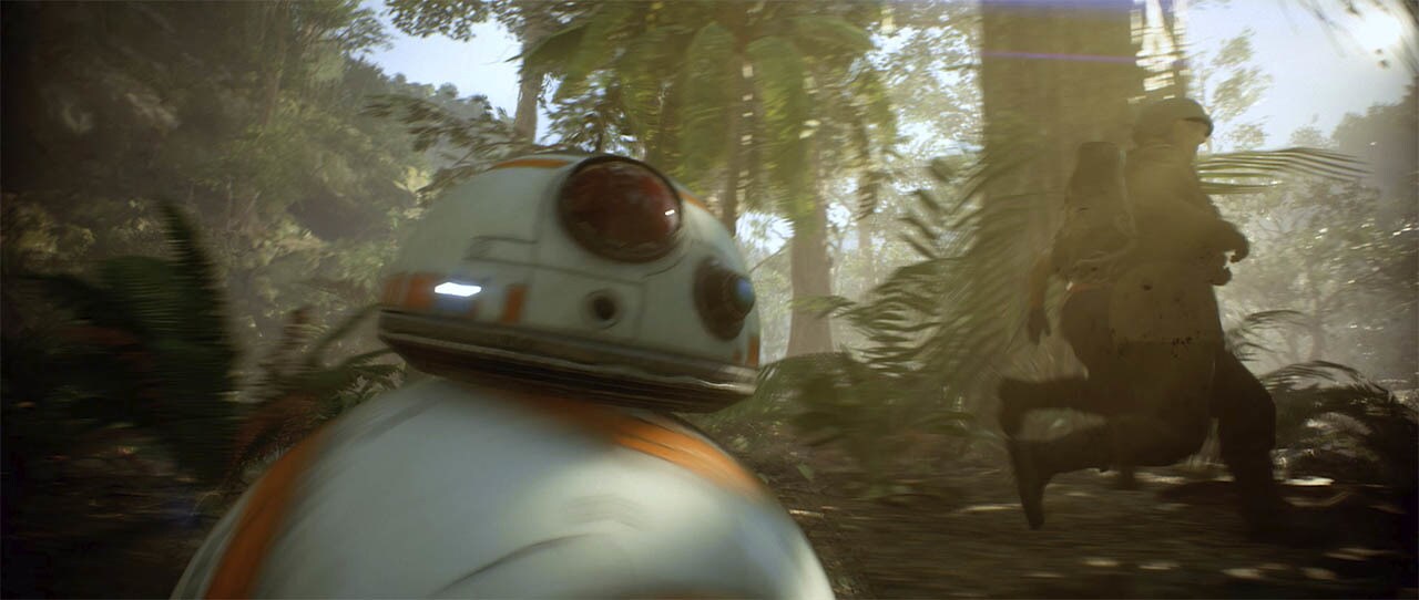 BB-8 rolls through a forest.