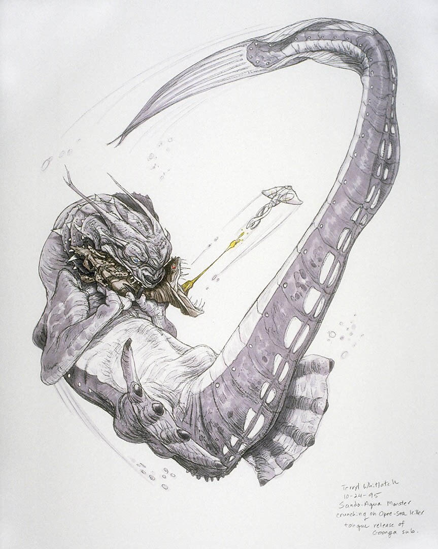Concept art of the opee sea killer and other creatures.