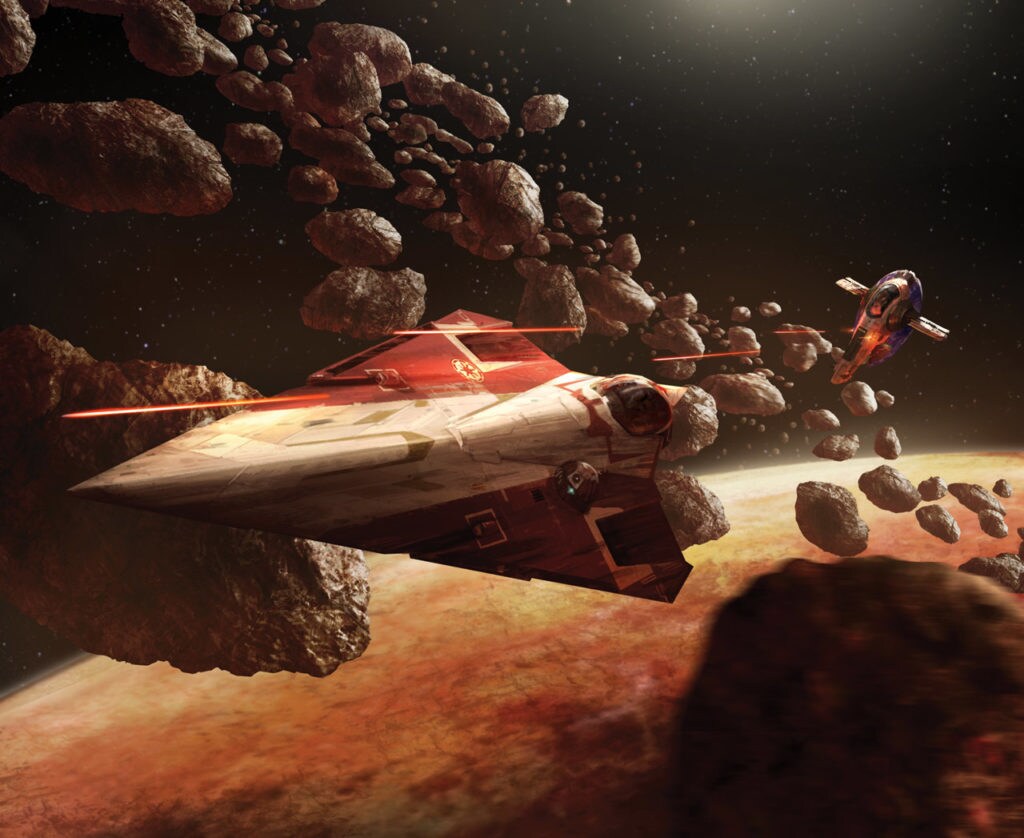 Slave I pursues a Jedi starfighter through an asteroid field.