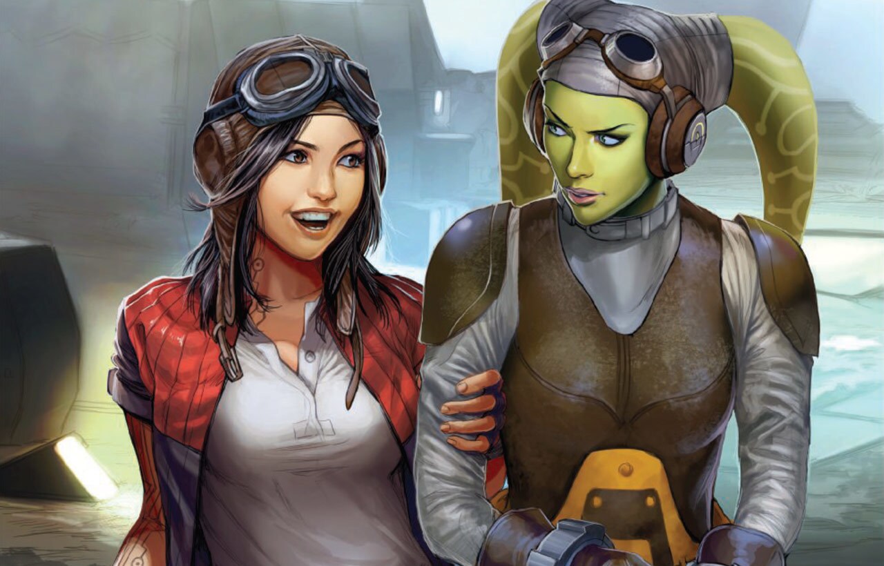 Doctor Aphra smiles while clutching a captive Hera Syndulla's arm.