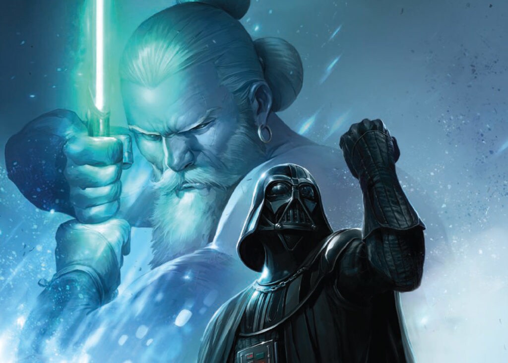 Darth Vader raises a clenched fist with Kirak Infil'a looming large wielding a lightsaber behind him.