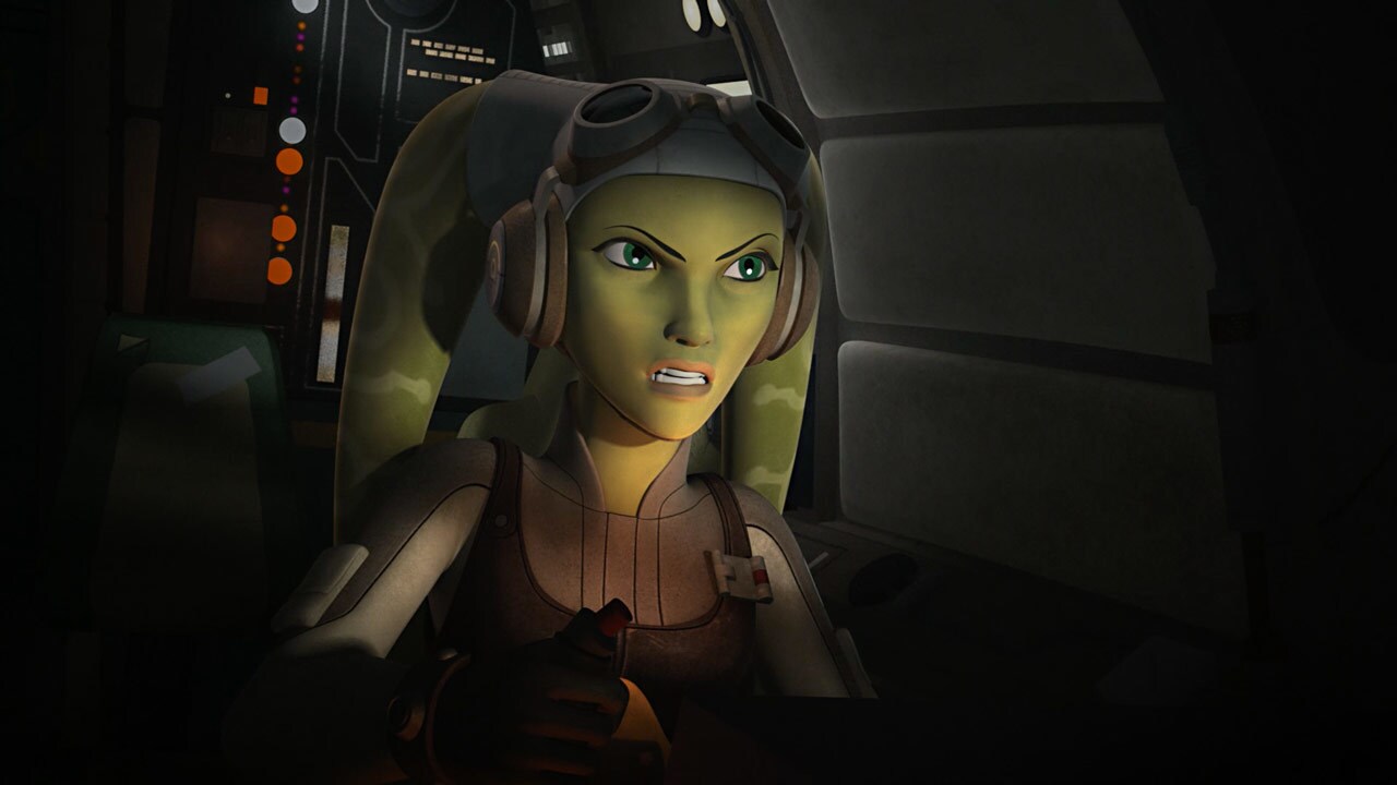 Hera Syndulla looks angry while flying the Ghost in Star Wars Rebels.